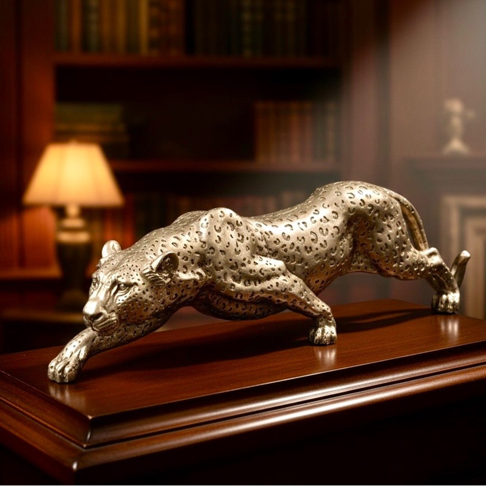 Soft Golden Rose Metallic Ferocious Jaguar Sculpture Decorative Home Art